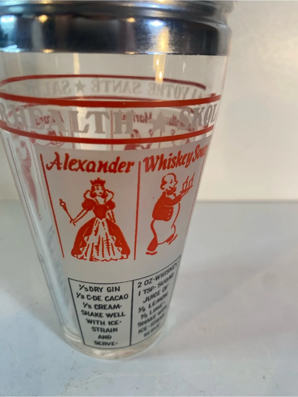 Vintage Mid-Century 'Salute to Your Health' Recipe Frosted Glass Cocktail Shaker